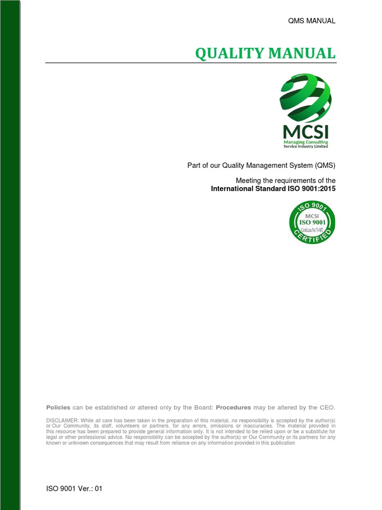 MCSI Quality Management System Manual | PDF | Iso 9000 | Quality ...