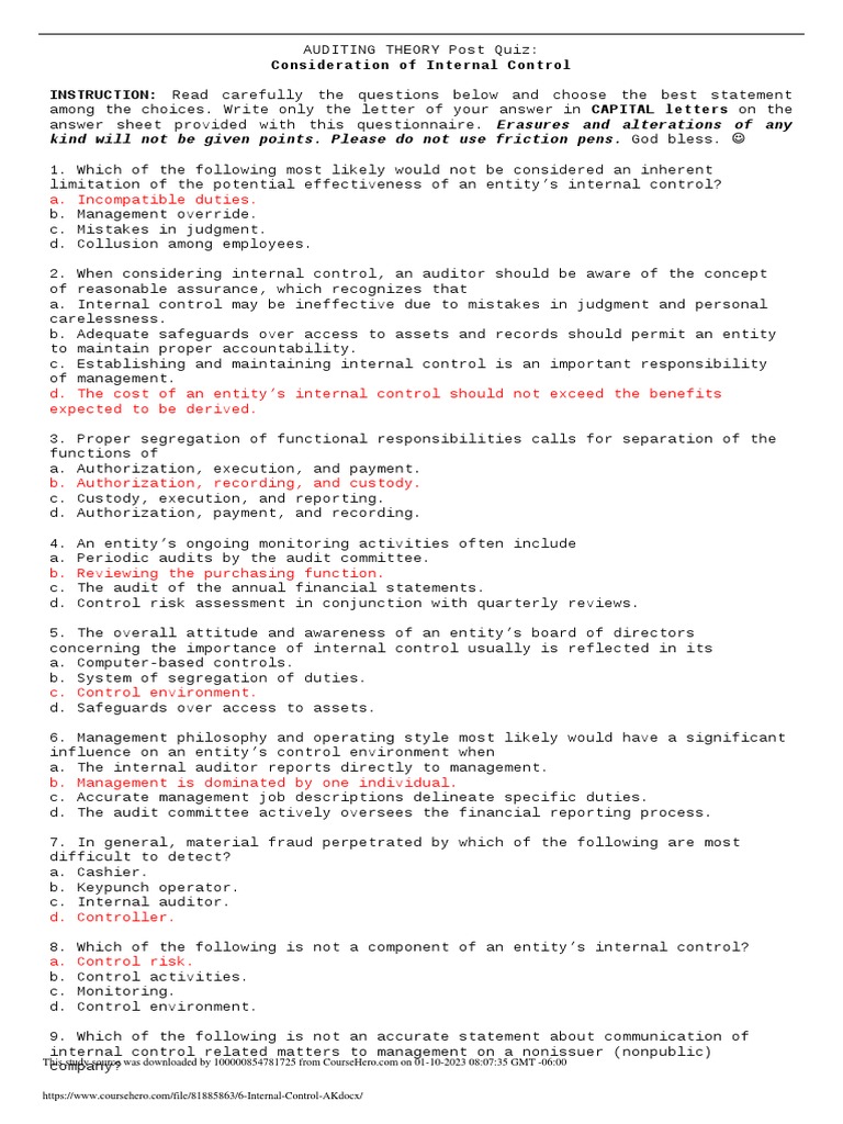 Internal Control Assessment Quiz Pdf Internal Control Audit