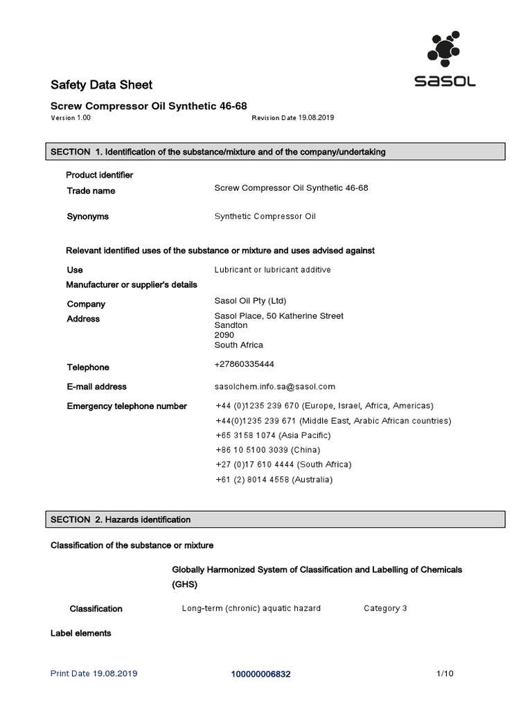 Safety Data Sheet for Screw Compressor Oil Synthetic 4668 PDF