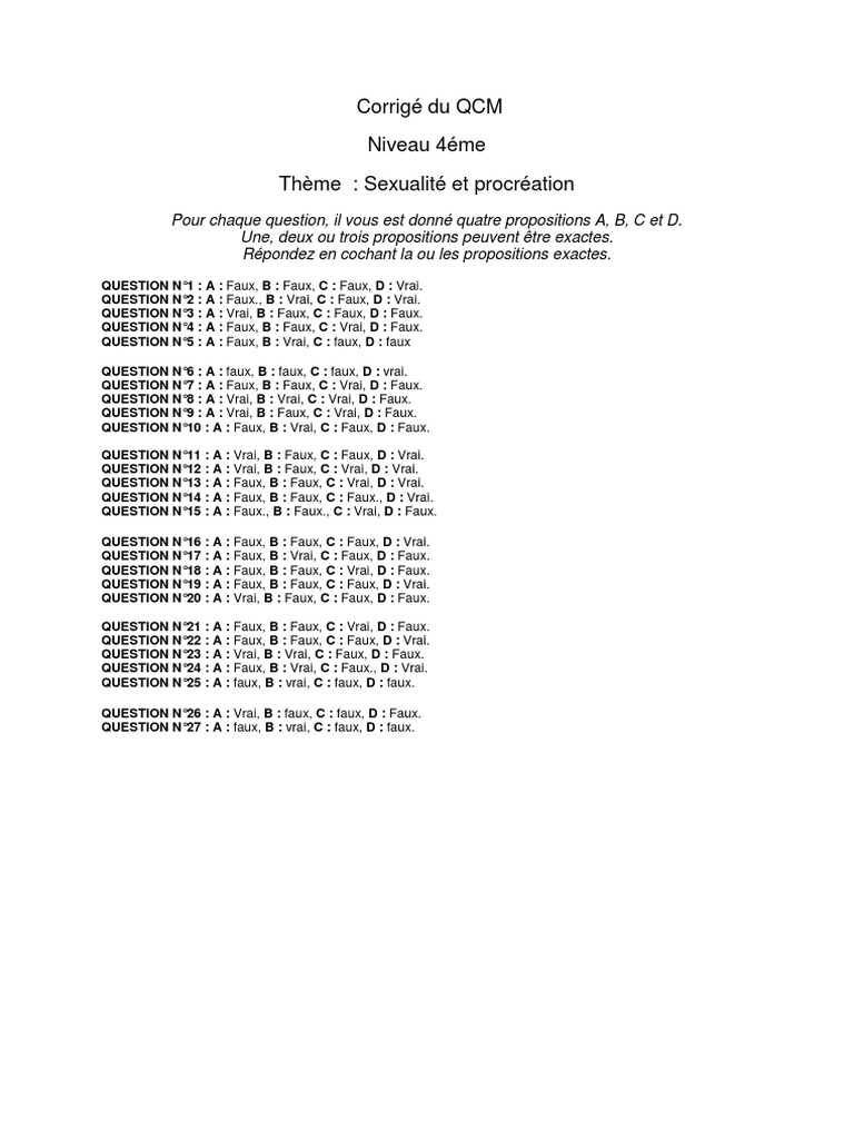 Corrigé QCM Sexualité et Procréation | PDF | Évolution de carrière