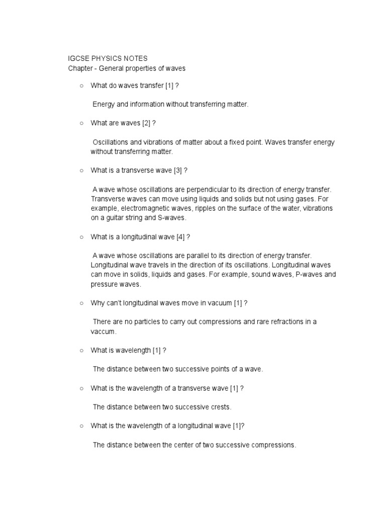 Igcse physics notes general properties of waves pdf waves