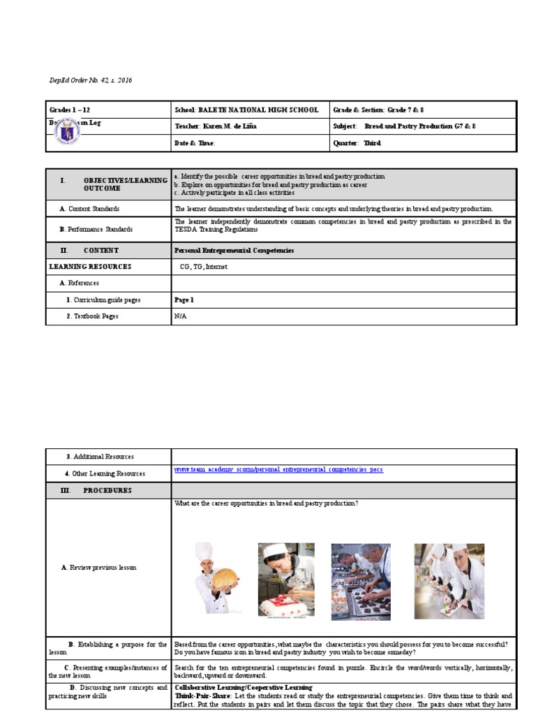 DLL Pecs in Bread and Pastry PDF Entrepreneurship Learning
