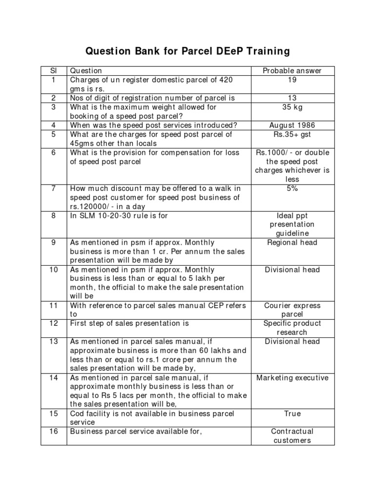 Parcel Training Question Bank | PDF | Mail | United States Postal Service