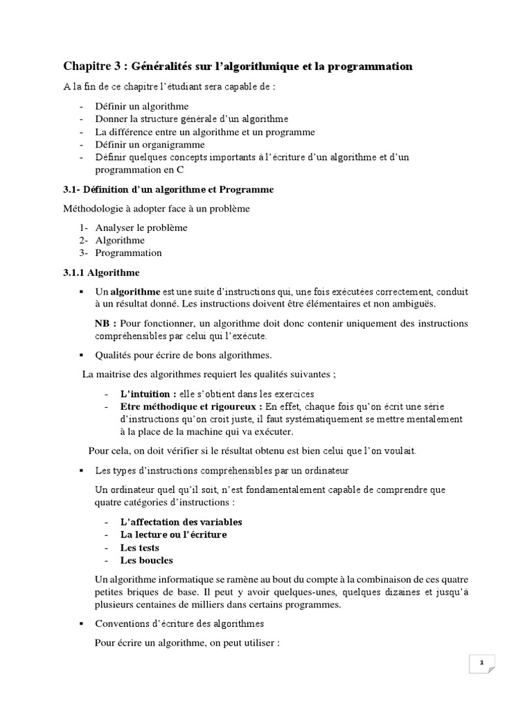 Chapitre 3 Généralités Algorithmique Programmation | PDF ...