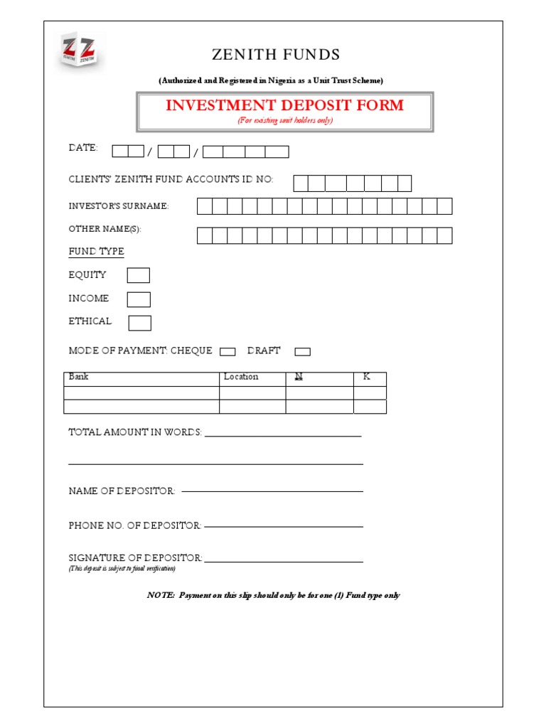 Zenith Funds Investment Deposit Slip PDF