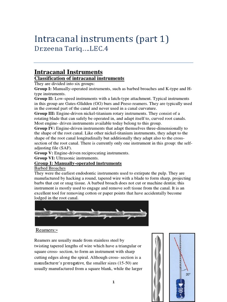 Intracanal Instruments: Types & Uses | PDF