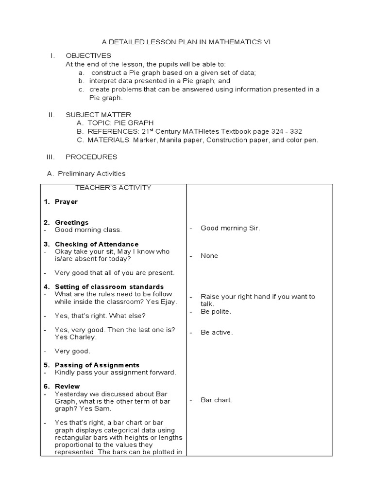 A detailed lesson plan in mathematics 6 final pdf pie chart