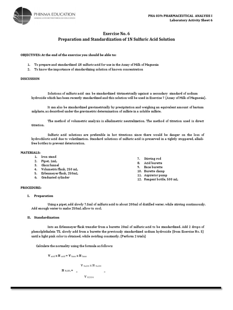 LAS 6 Preparation and Standardization of 1N Sulfuric Acid Solution 1