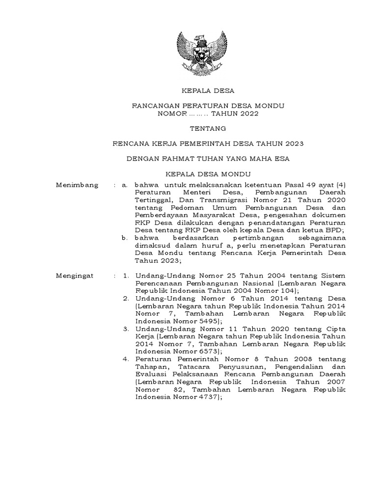Rancangan Perdes Rkp Desa 2023 Pdf