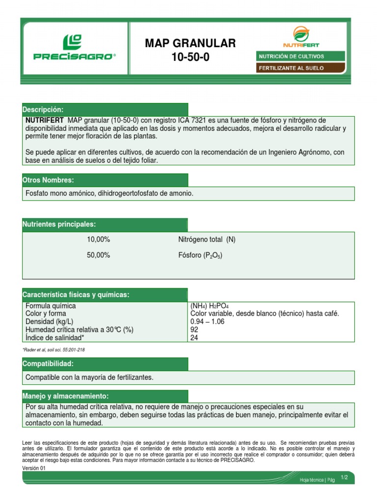 Ficha Técnica de Fertilizante MAP 10-50-0 | PDF | Fertilizante ...