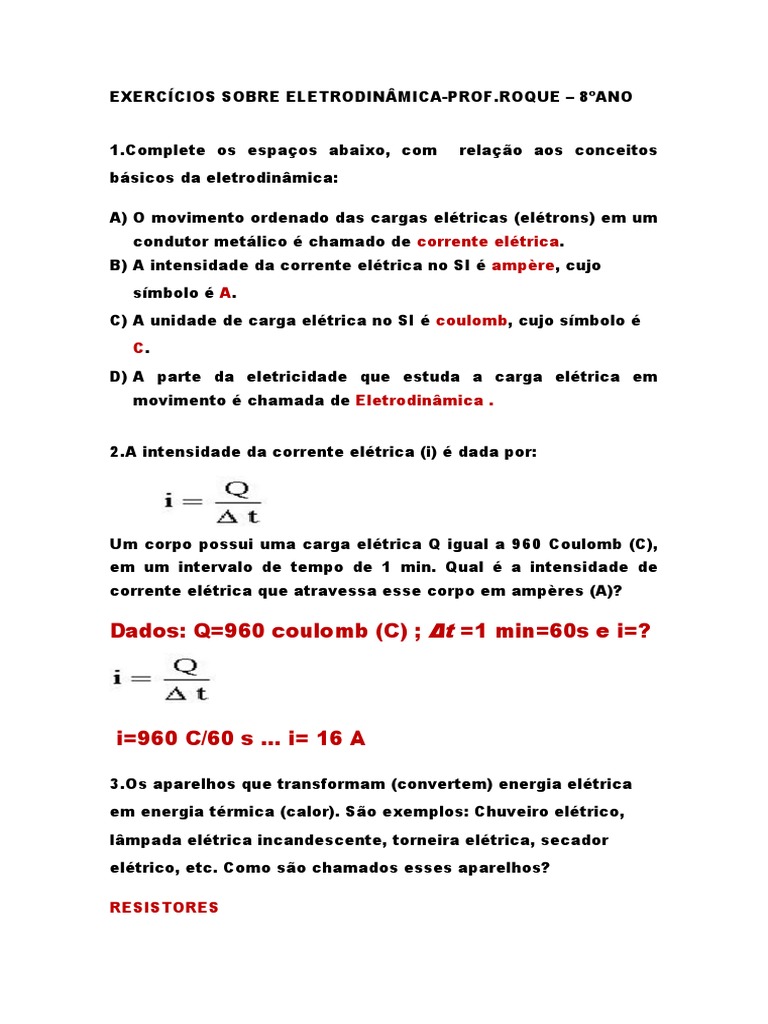Exercícios Sobre Eletrodinâmica-Prof - Roque - 8ºano | PDF ...