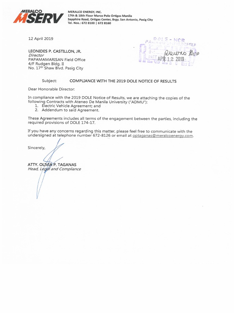 Receiving copy 2019 compliance with dole notice of results ev