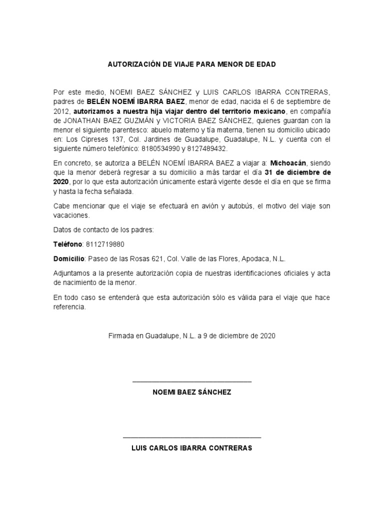 Autorización de Viaje para Menor de Edad | PDF