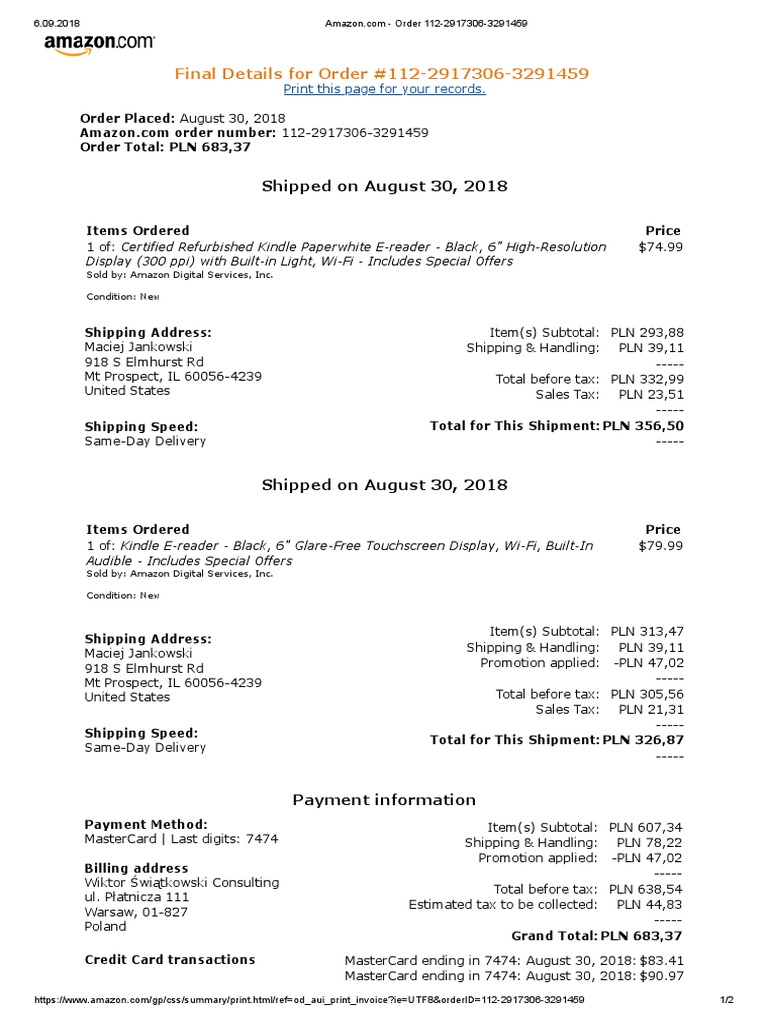 Order 11229173063291459 PDF Amazon Kindle Service Industries