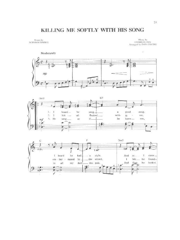 Piano sheet music (partitura) for “Killing Me Softly With His Song” showing melody and accompaniment lines