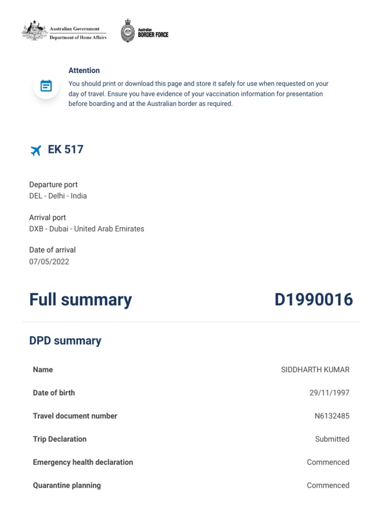 Digital Passenger Declaration Summary | PDF