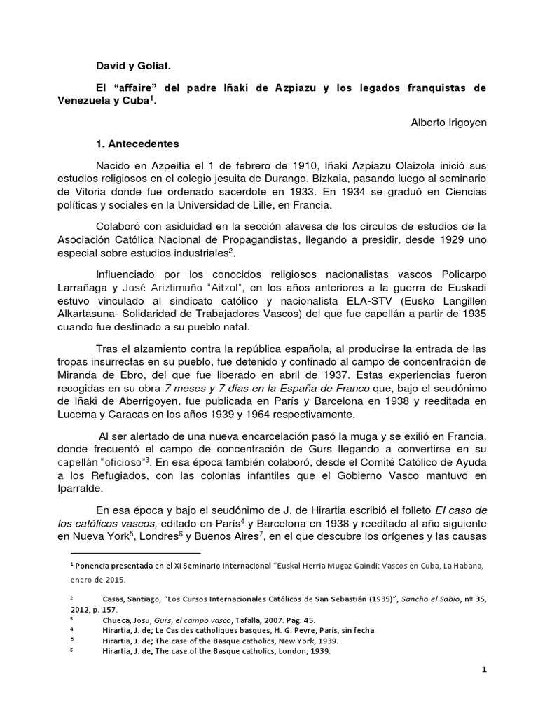David y Goliat. El "Affaire" Del Padre Iñaki de Azpiazu y Los Legados