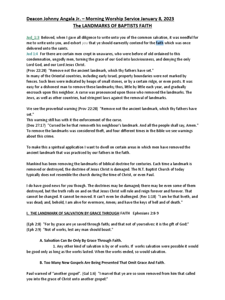 The Landmarks of Baptists Faith | PDF | Baptism | Grace In Christianity