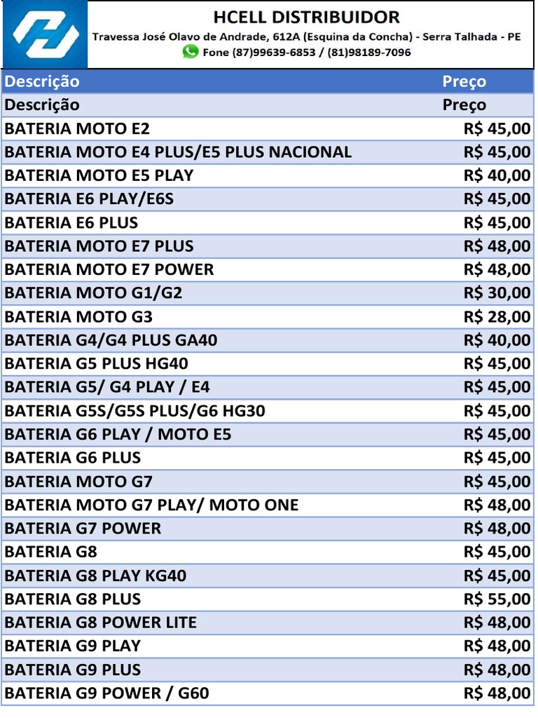Tabela de Preço de Bateria 17.10 | PDF | Smartphone | Aparelhos de ...