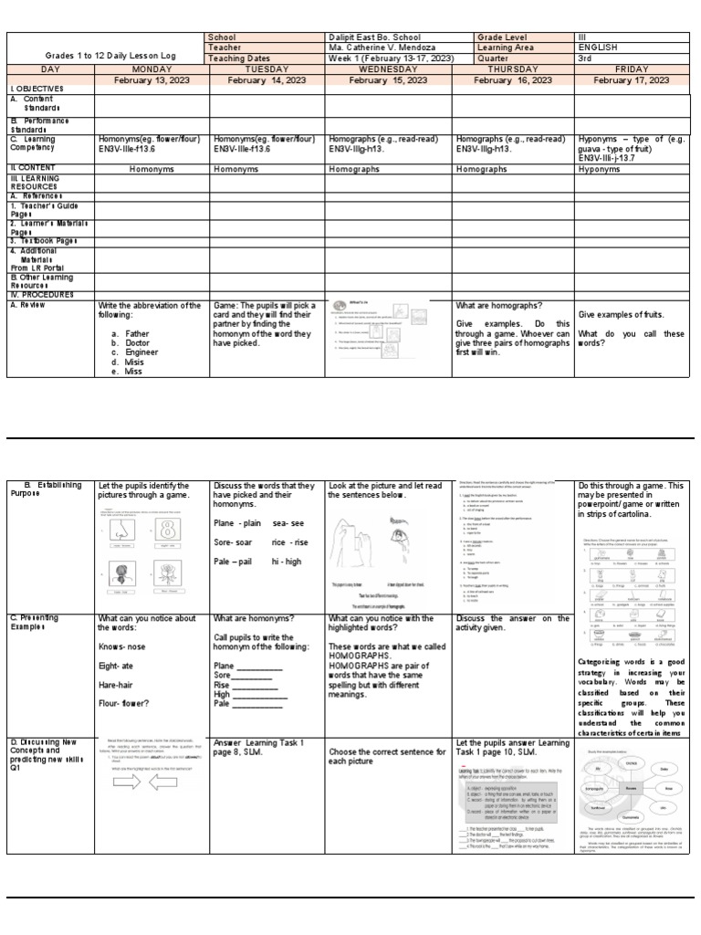 Third Grade English Lesson Plan on Homonyms, Homographs, and Hyponyms ...