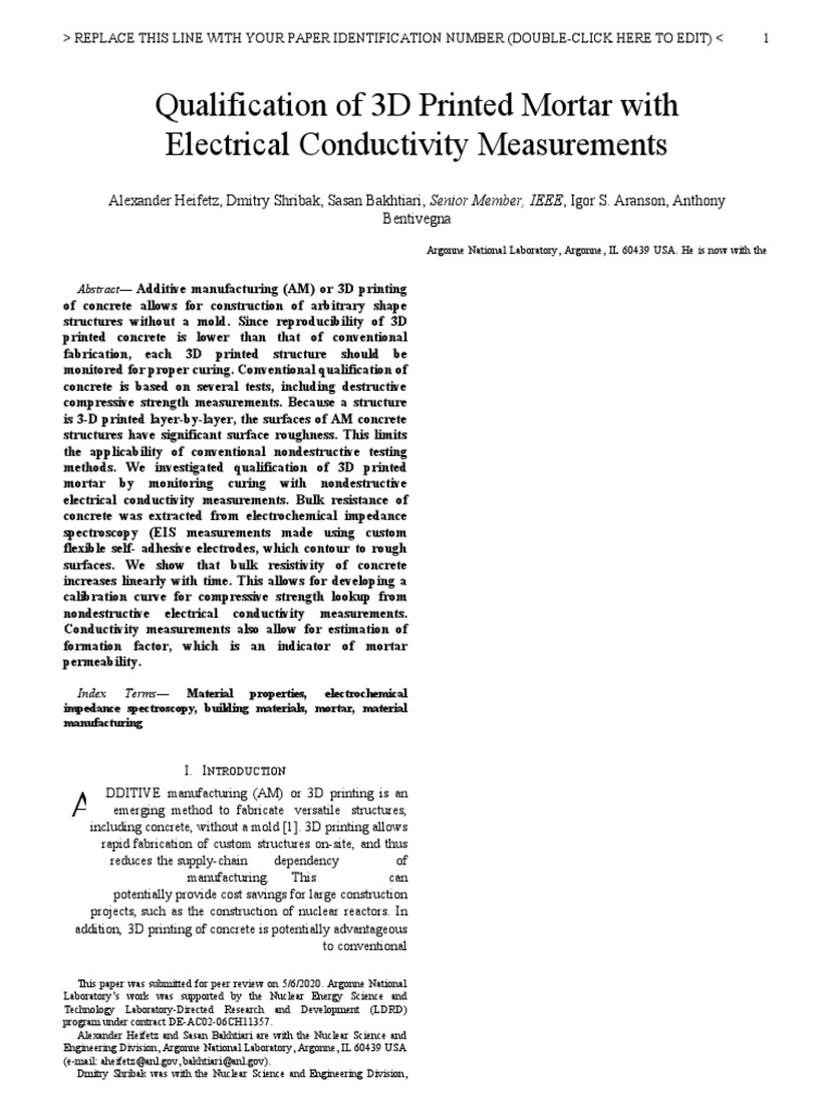 Qualification of 3d printed mortar with electrical conductivity