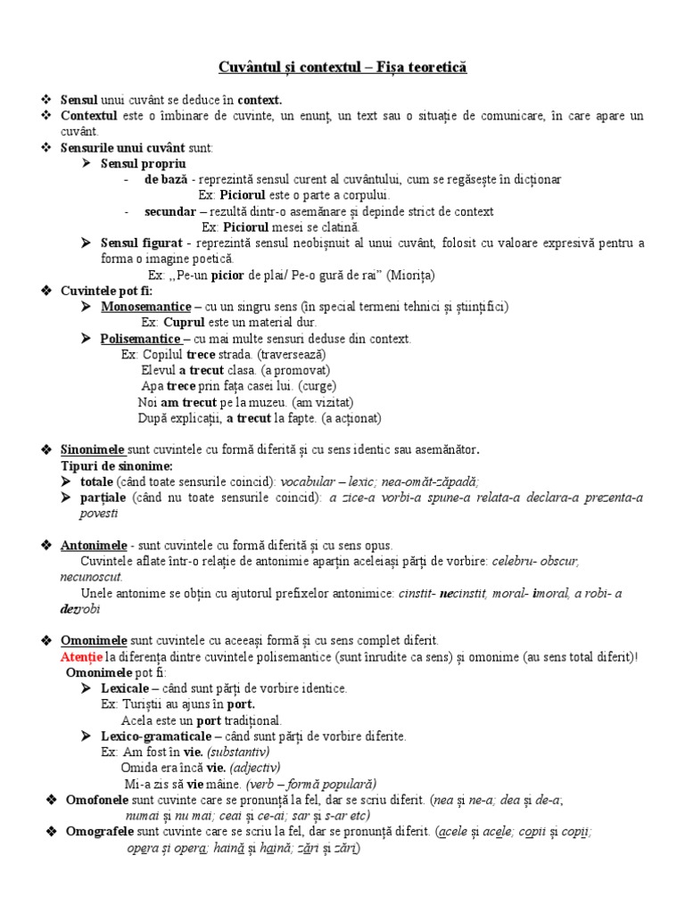 Fisa Teoretica Cuvantul Si Contextul | PDF
