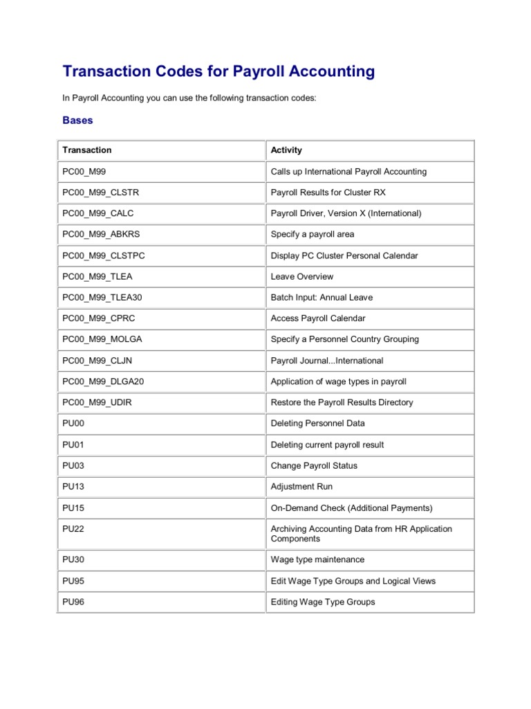 Transaction Codes for Payroll Accounting Payroll Wage