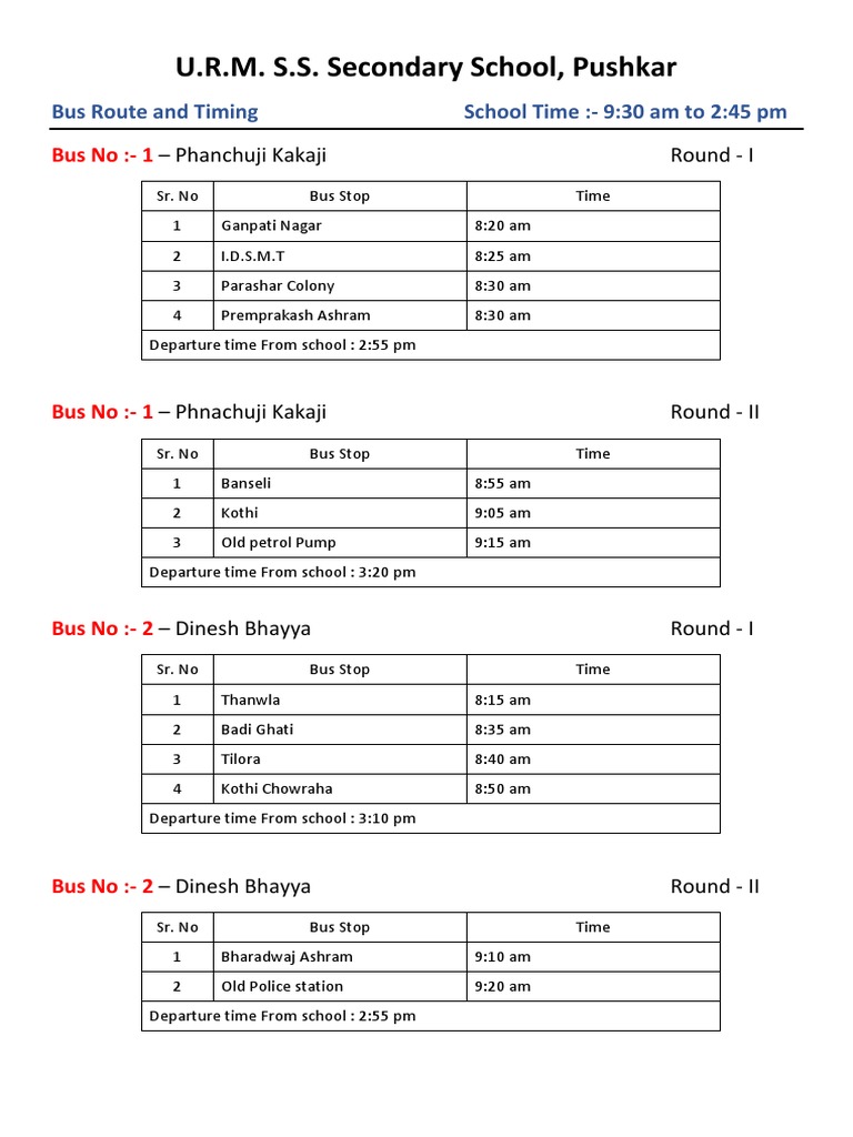 Pushkar School Bus Routes & Timings | PDF
