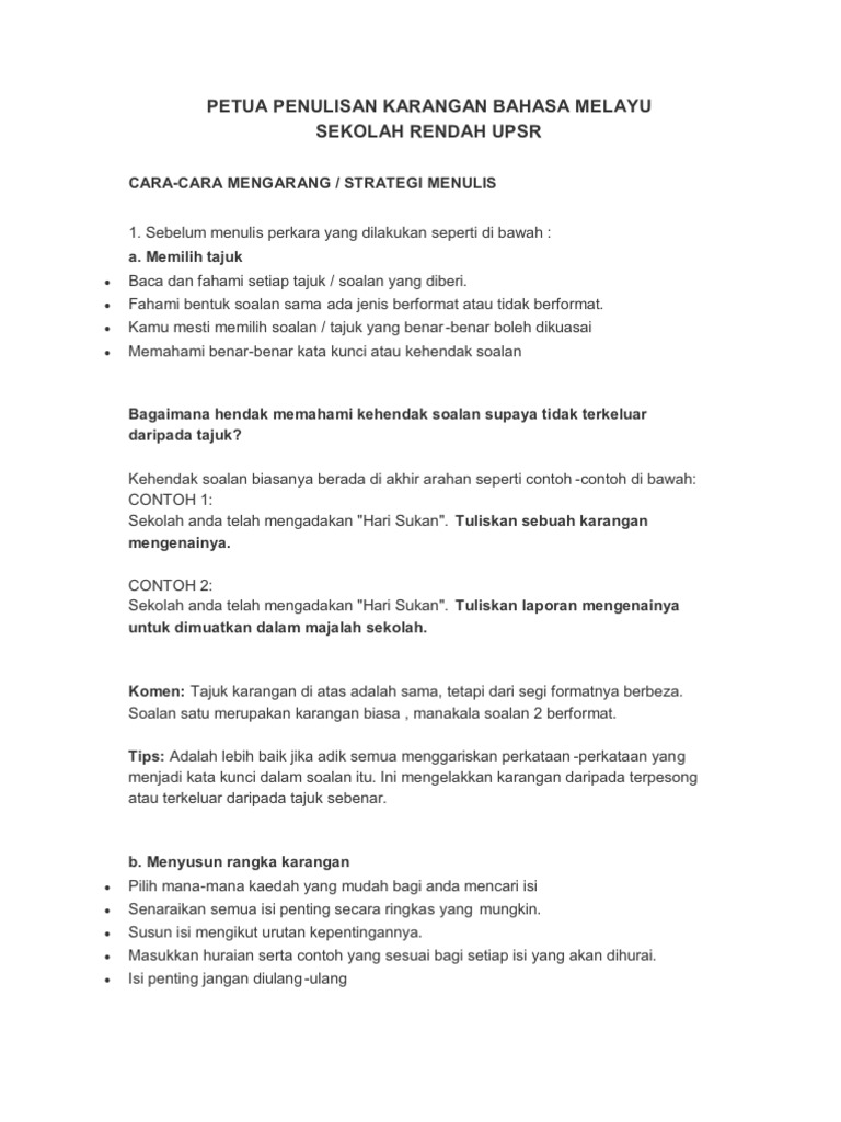 Petua Penulisan Karangan Bahasa Melayu Sekolah Rendah Upsr Pdf