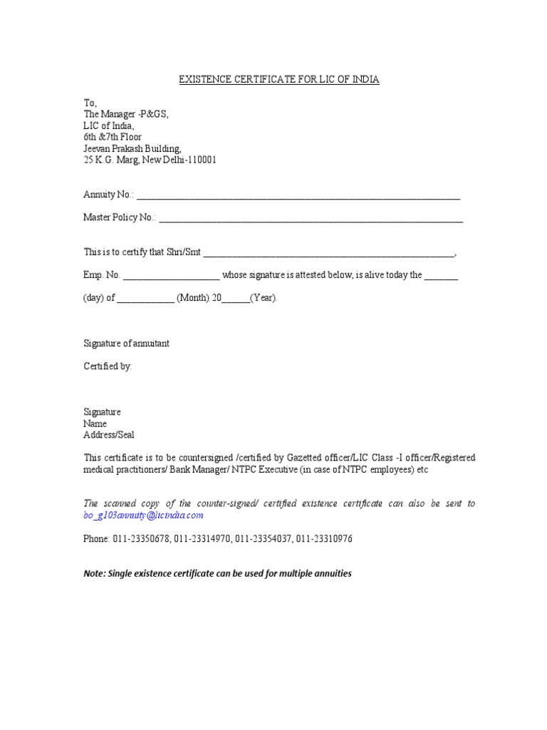 LIC Life Certificate Format PDF