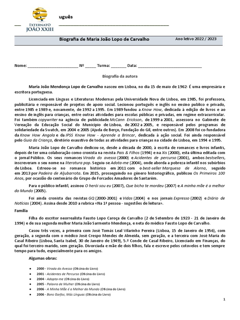 Biografia de Maria João Lopo de Carvalho | PDF | Lisboa | Portugal