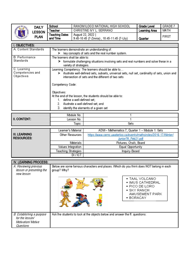 Grade 7 Math: Sets Lesson Plan | PDF | Ellipsis | Cognitive Science