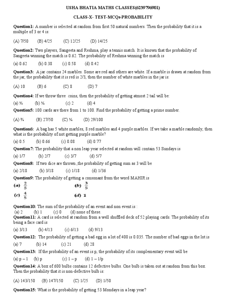 CLASSX TESTMCQsPROBABILITY PDF Probability