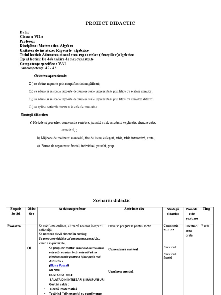 0 Proiect Didactic Adunarea Rapoartelor Algebrice | PDF