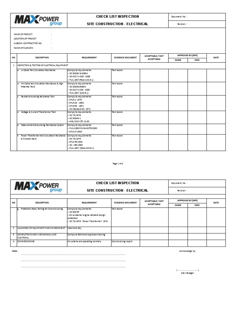 Checklist Inspection Site Construction-Electrical | PDF | International ...