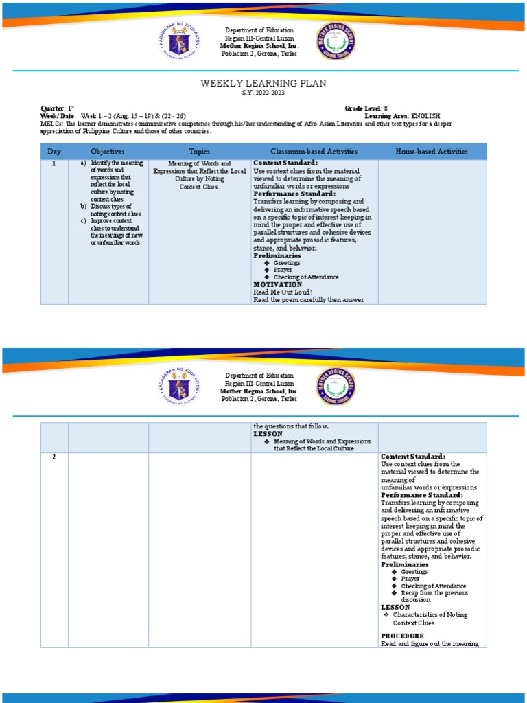 WLP - English 8 - Week 1 - 2 | PDF | Word | Learning