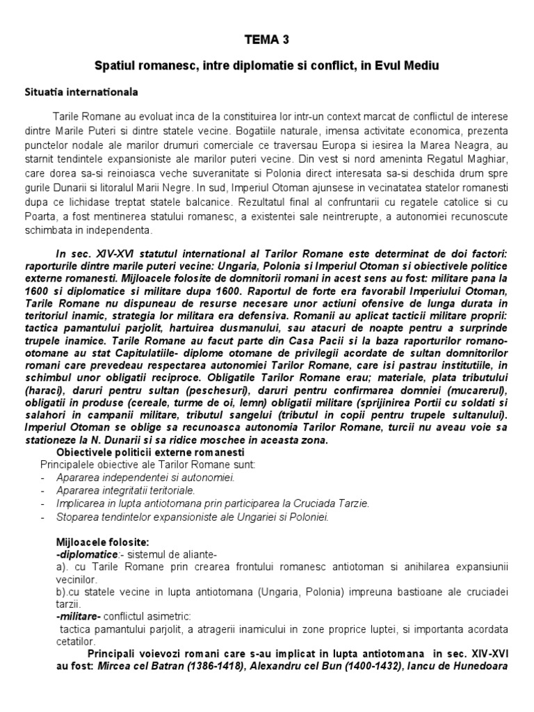 Tema 3-Spatiul Romanesc, Intre Diplomatie Si Conflict, in Evul Mediu | PDF