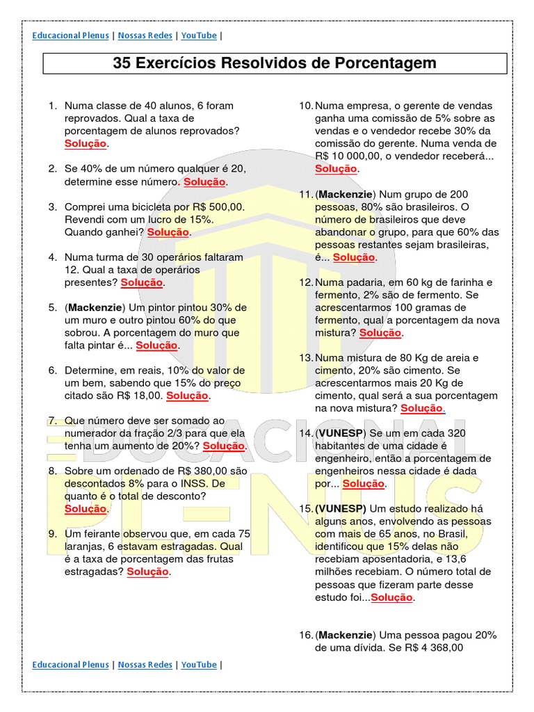 35 Exercícios de Porcentagem | PDF | Percentagem | Preços