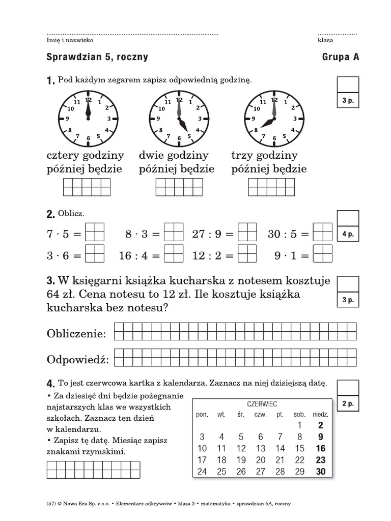 Sprawdzian Dział 1 Matematyka Klasa 4 Matematyka - Sprawdzian Roczny | PDF