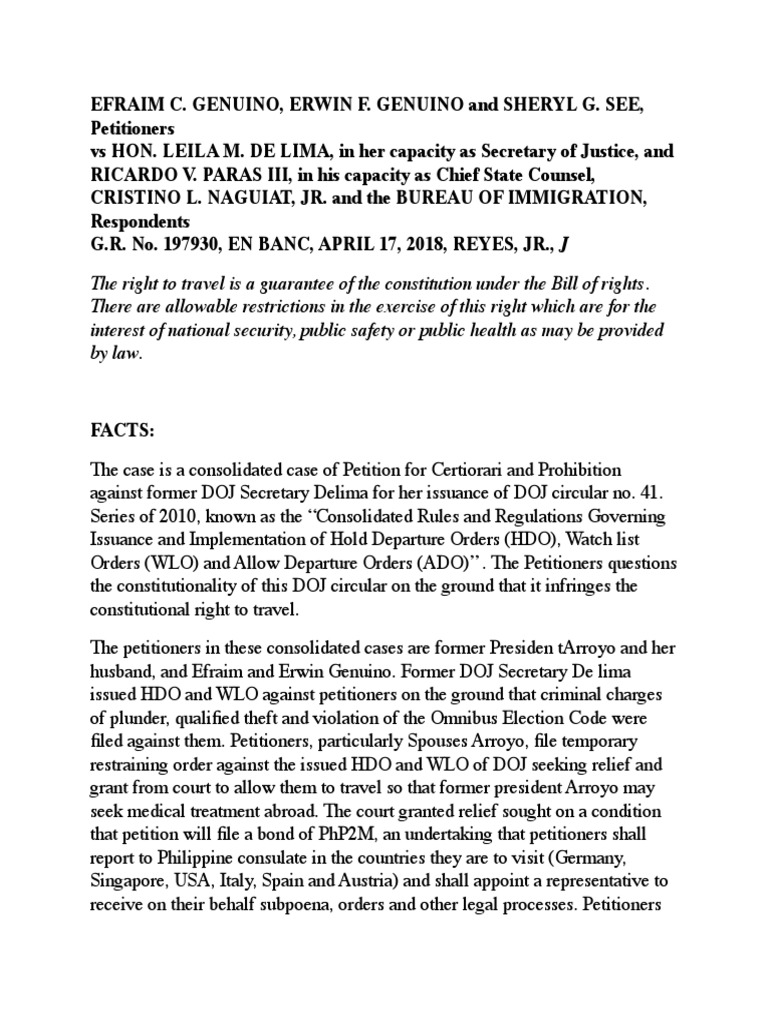 Genuino V de Lima PDF Constitution Freedom Of Movement