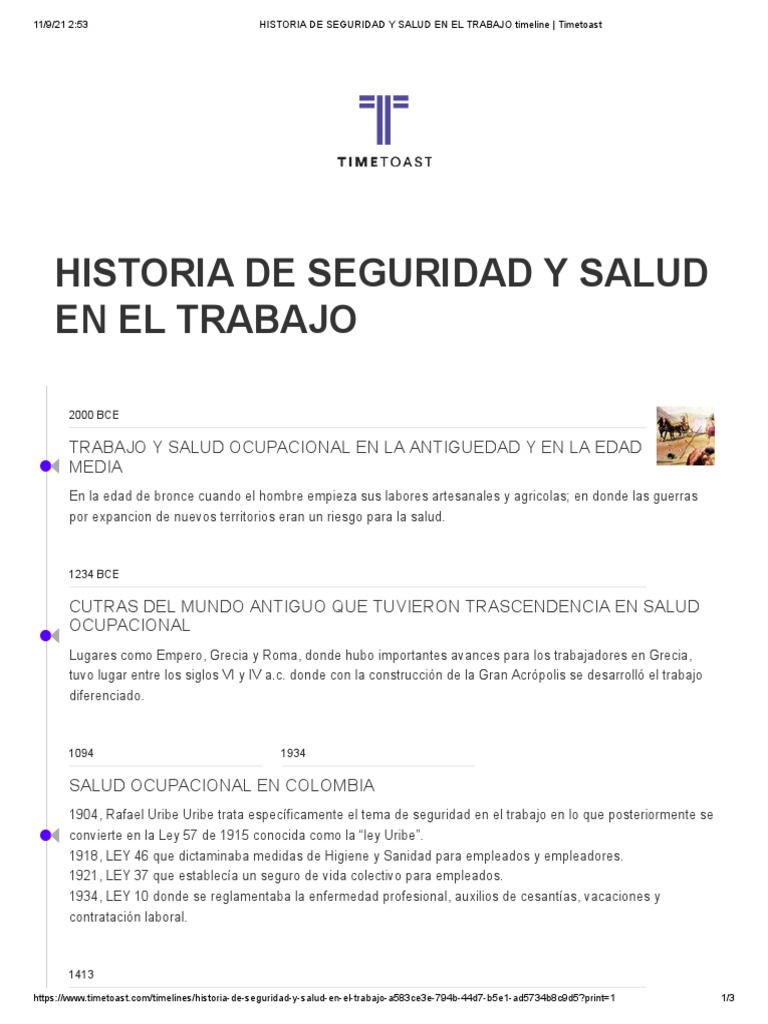 HISTORIA DE SEGURIDAD Y SALUD EN EL TRABAJO Timeline - Timetoast | PDF ...