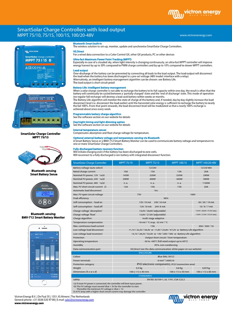 Datasheet Victron SmartSolar Charge Controller MPPT 75 10 75 15 100 15 100 20 48V EN PDF