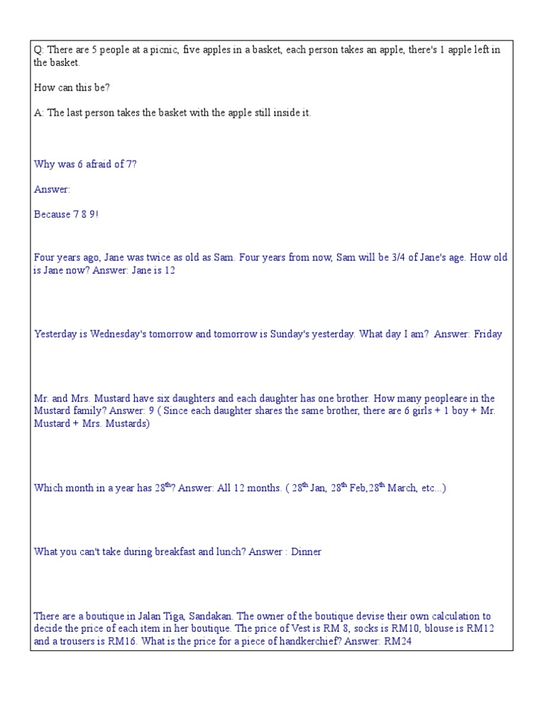 Fun Riddles and Puzzles Explained | PDF | Cooking, Food & Wine