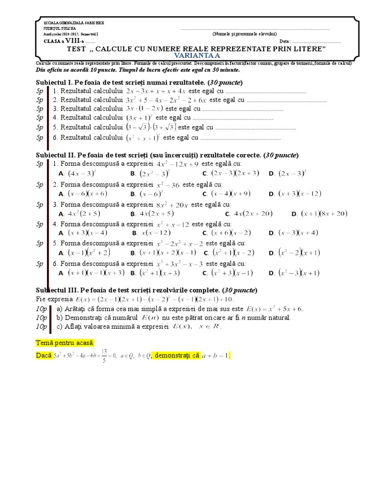 Test 8.5 Calcule Cu Numere Reale Reprezentate Prin Litere | PDF