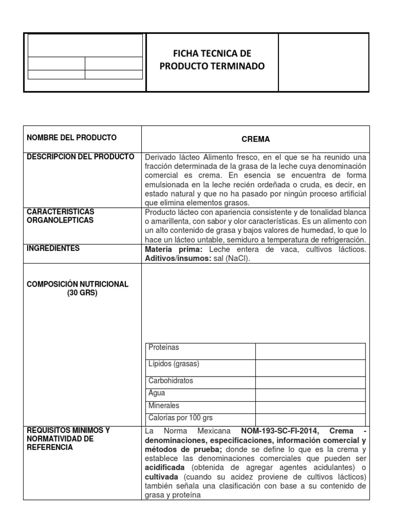 Ficha Crema Tecnica PDF Crema Leche