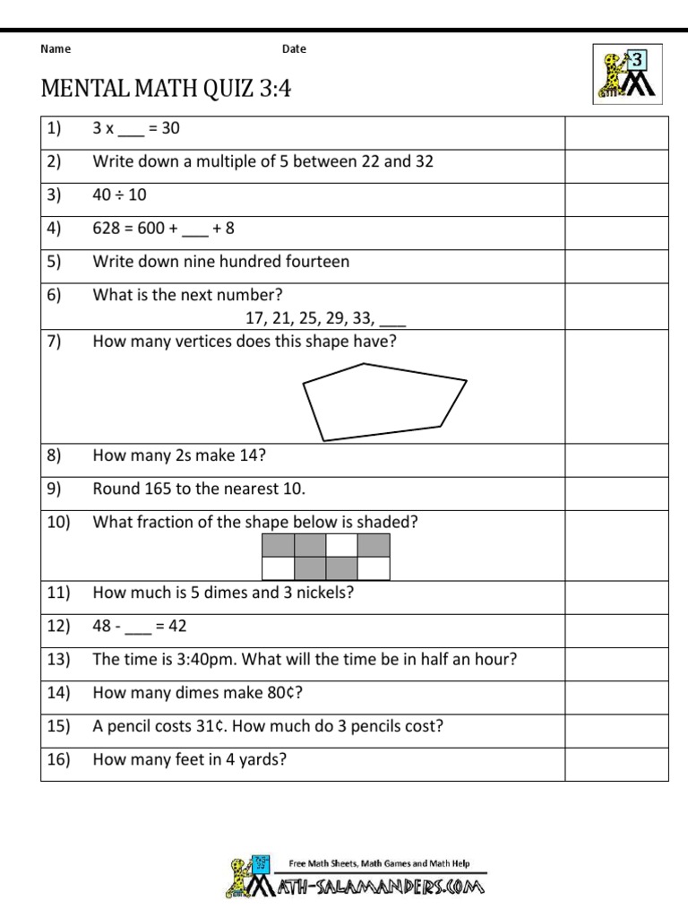 4th Grade Mental Math Quiz | PDF