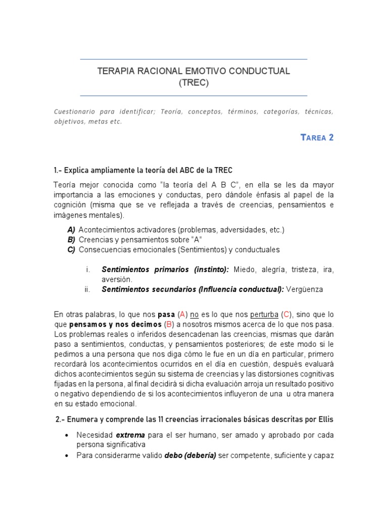 TREC: Teoría ABC y Creencias Irracionales | PDF | Terapia racional de ...