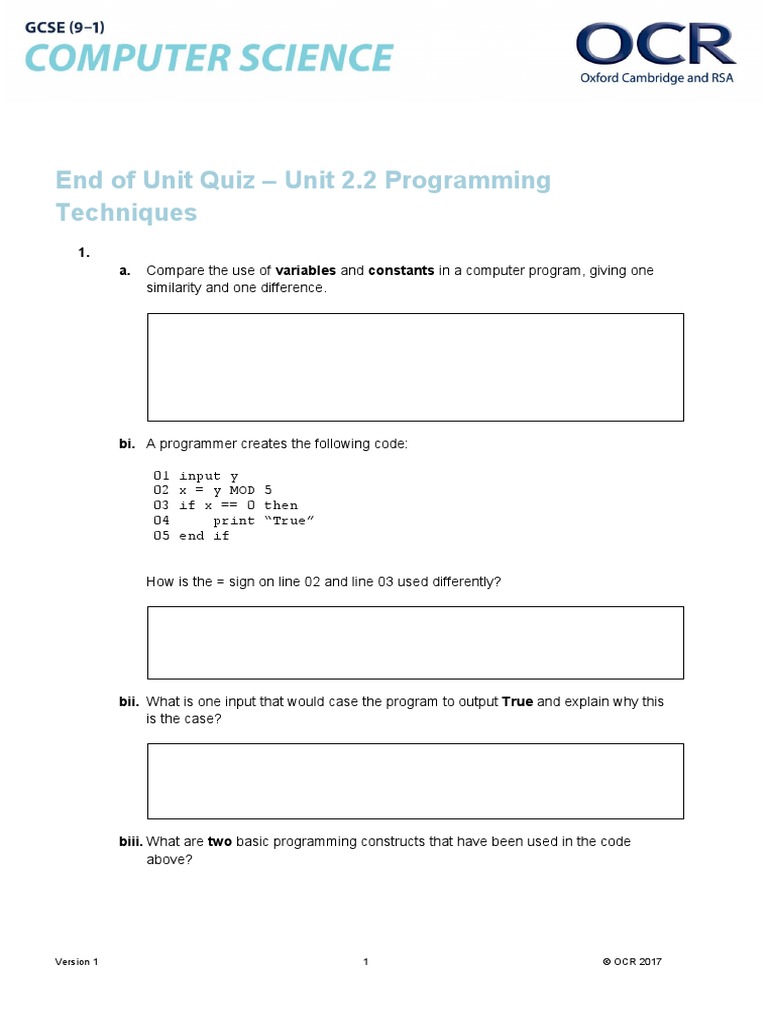 Programming Techniques End of Unit Quiz Lesson Element | PDF ...