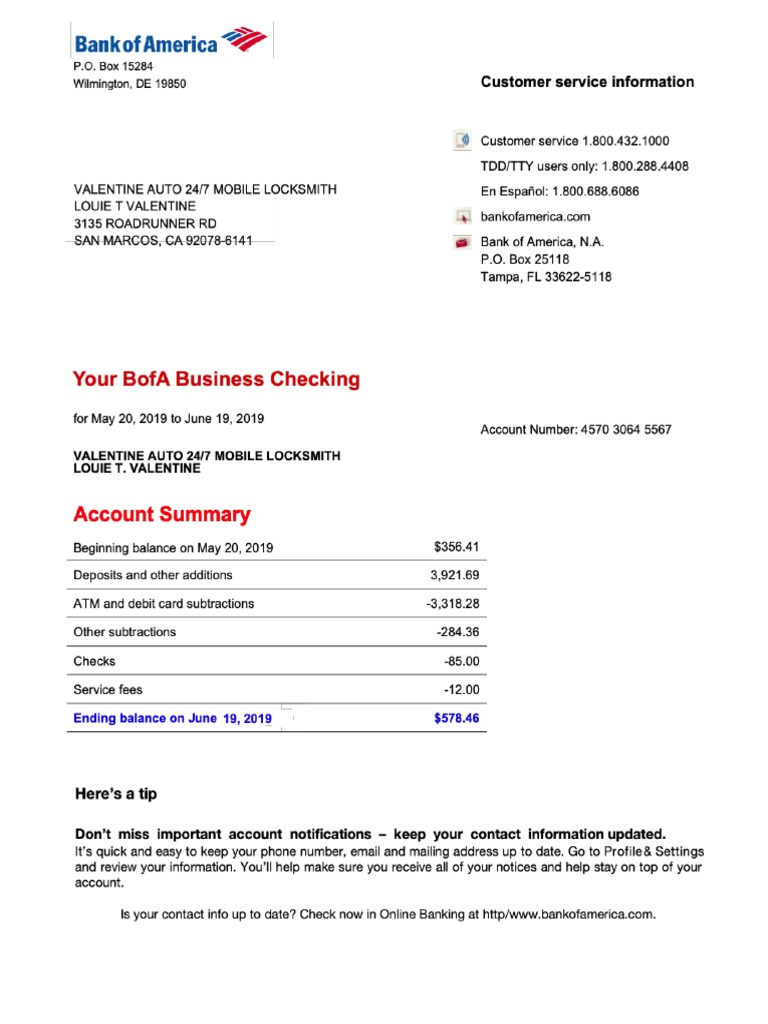 Bank of America Bank Statement PDF