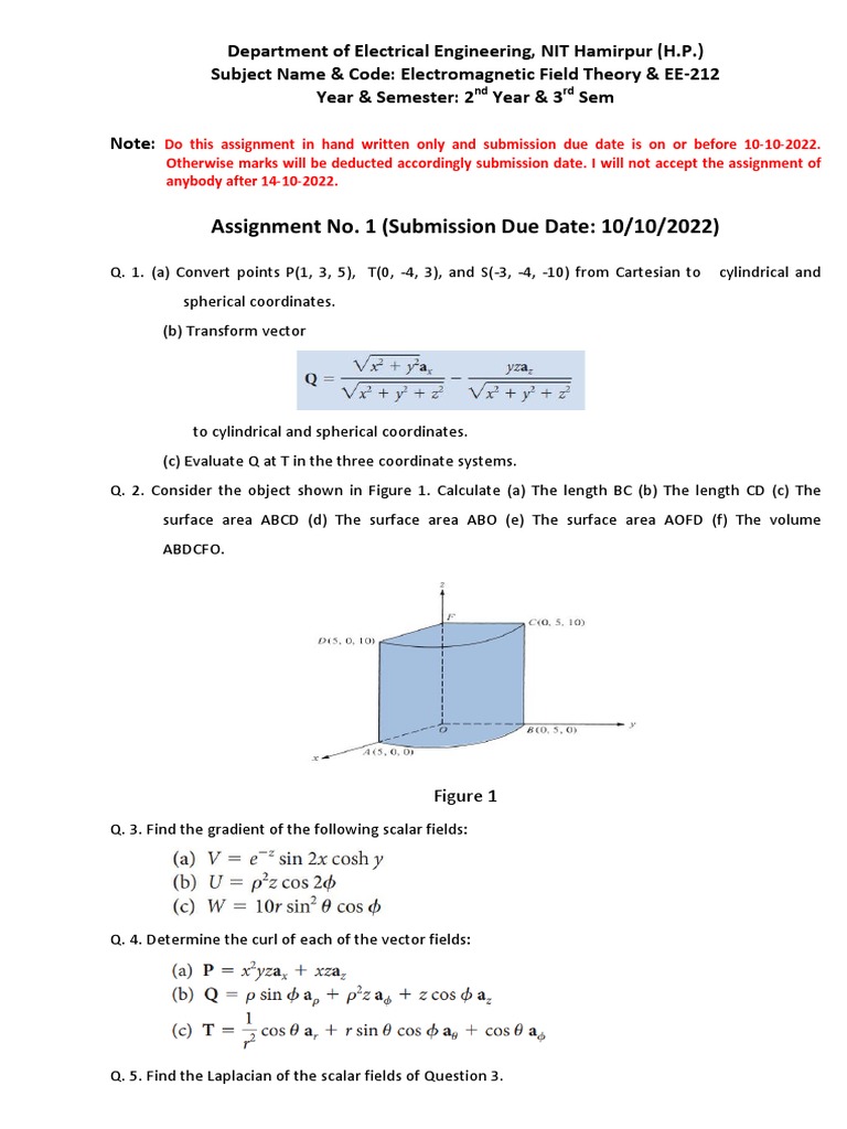 EE-212 Electromagnetic Assignment 1 | PDF